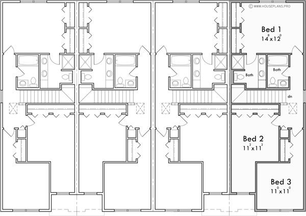 Upper Floor Plan for F-629 Discover the perfect blend of form and function with our narrow townhouse 4 unit plans. Architectural innovation awaits. Join us in building the future of housing!