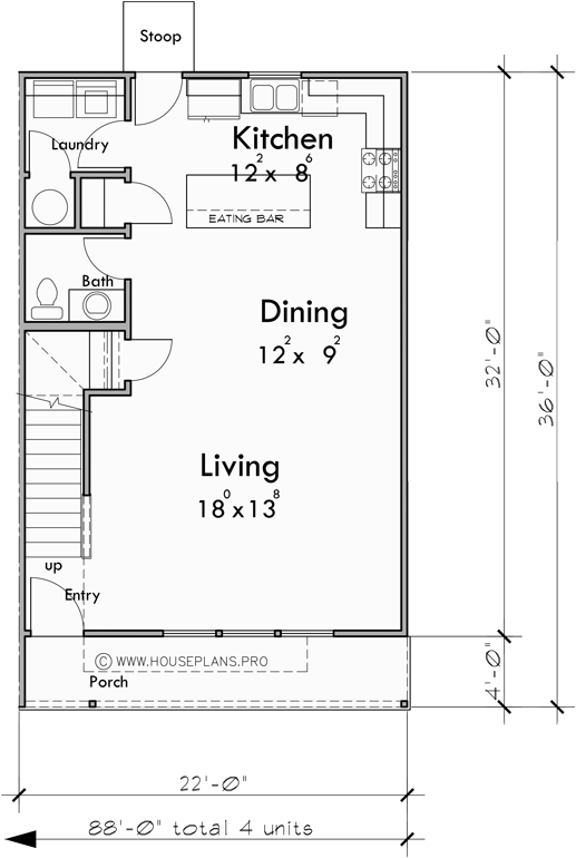 Main Floor Plan for F-634 Create your ideal living space with our contemporary 4-plex townhouse layouts. Three bedrooms, no garage needed. Design with us! 