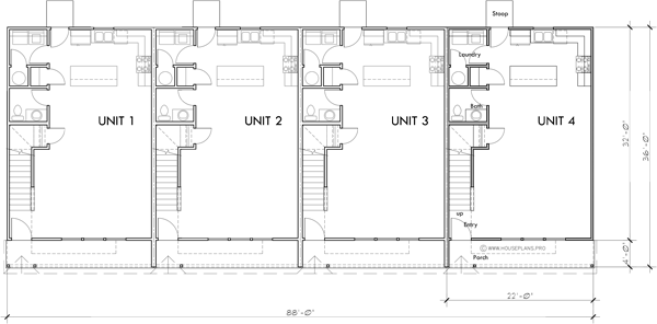 Main Floor Plan 2 for F-634 Create your ideal living space with our contemporary 4-plex townhouse layouts. Three bedrooms, no garage needed. Design with us! 