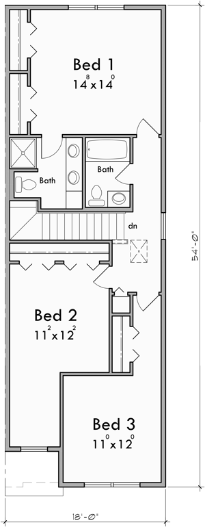 Upper Floor Plan for D-705 Narrow 36 ft wide duplex plan front elevation D-705