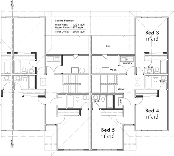 Upper Floor Plan for F-636 Design comfortable and convenient student housing with our 5-bedroom, 5.5-bathroom floorplans. Explore the perfect layout for students. Design with us! 
