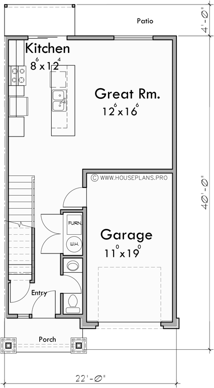 Main Floor Plan for F-641 4 plex town house, open floor plan, kitchen island, F-641