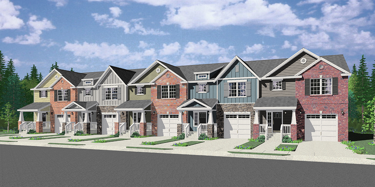House front color elevation view for FV-643 Luxury town house plan with basement FV-643