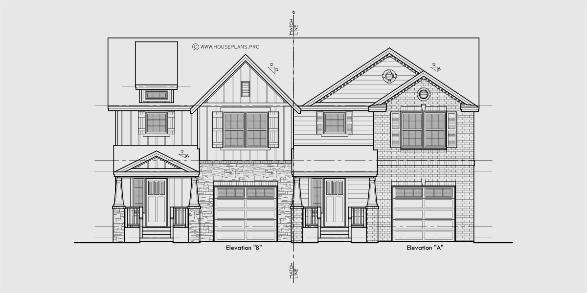 House front drawing elevation view for FV-643 Luxury town house plan with basement FV-643
