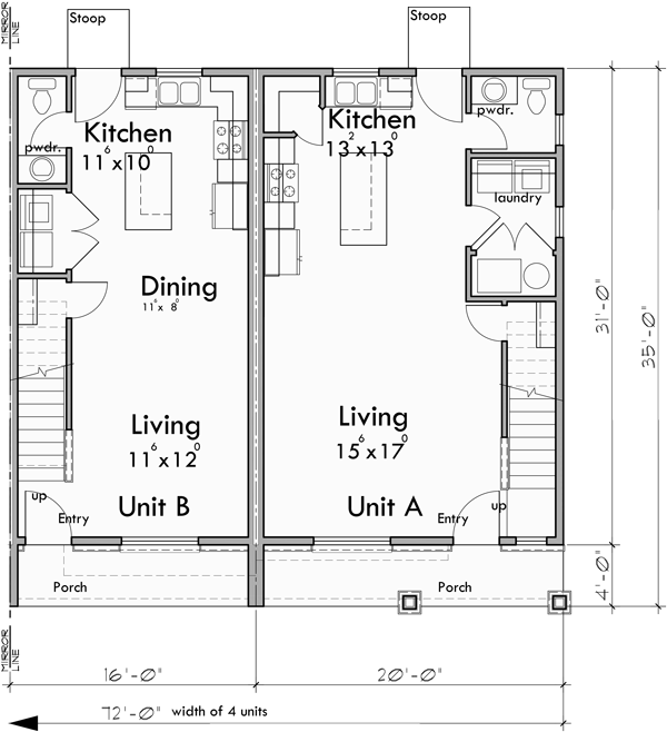 Main Floor Plan for F-654 4 unit town houses, 2 and 3 bedroom units, front elevation, F-654