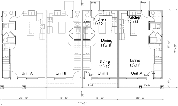 Main Floor Plan 2 for F-654 4 unit town houses, 2 and 3 bedroom units, front elevation, F-654