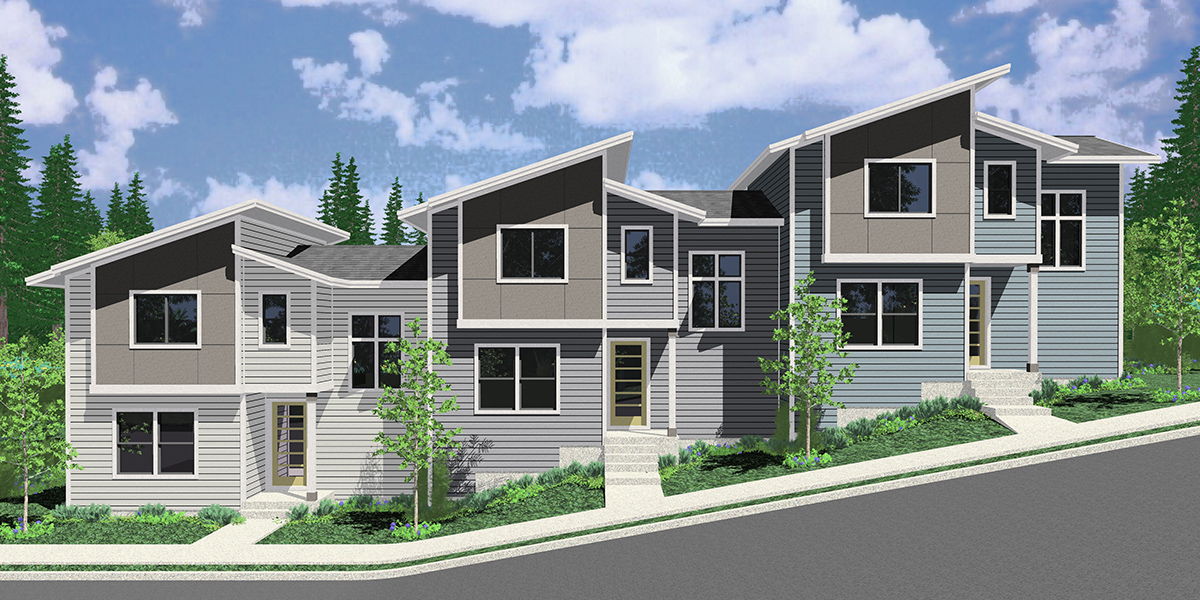 T-437 Invest in modern living with our 2 bedroom triplex townhouse plan, ideal for sloped lots. Join us in building the future of housing!