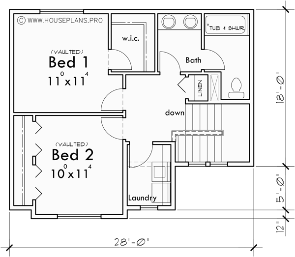 Upper Floor Plan for T-437 Modern 2 bedroom triplex town house plan for sloped lots T-437