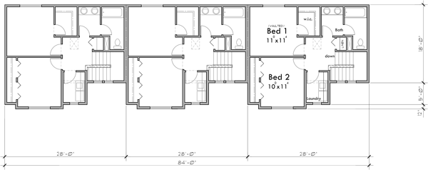 Upper Floor Plan 2 for Modern 2 bedroom triplex town house plan for sloped lots T-437