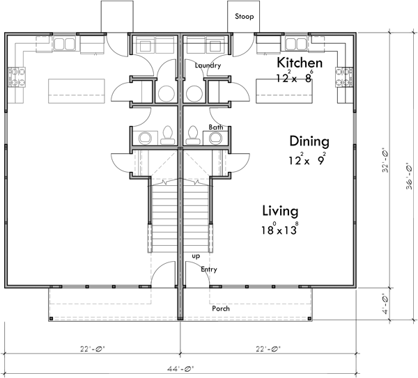 Main Floor Plan 2 for D-712 Two story, 3 bedroom, duplex house plan D-712