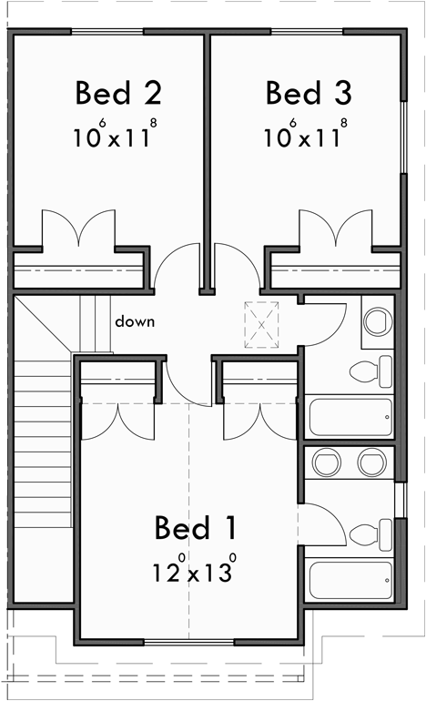 Upper Floor Plan for D-712 Two story, 3 bedroom, duplex house plan D-712