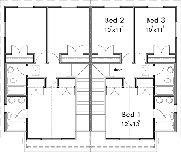Upper Floor Plan 2 for Two story, 3 bedroom, duplex house plan D-712