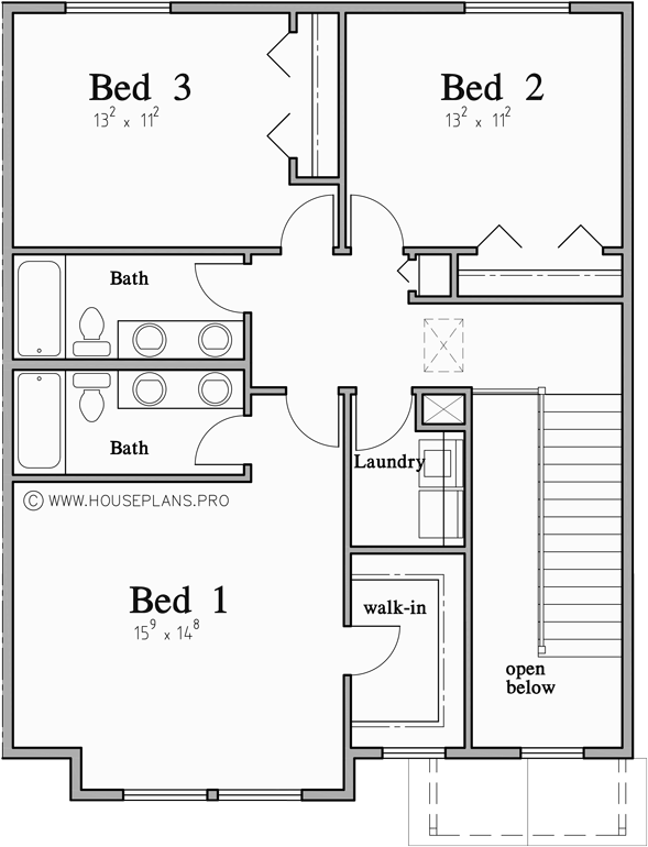 Upper Floor Plan for D-723 Basement duplex house plan with two car garage D-723