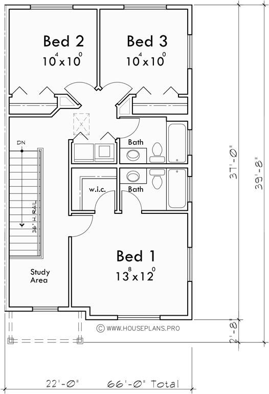 Upper Floor Plan for T-446 Town house plan, main floor master, basement, 4 bedroom, T-446