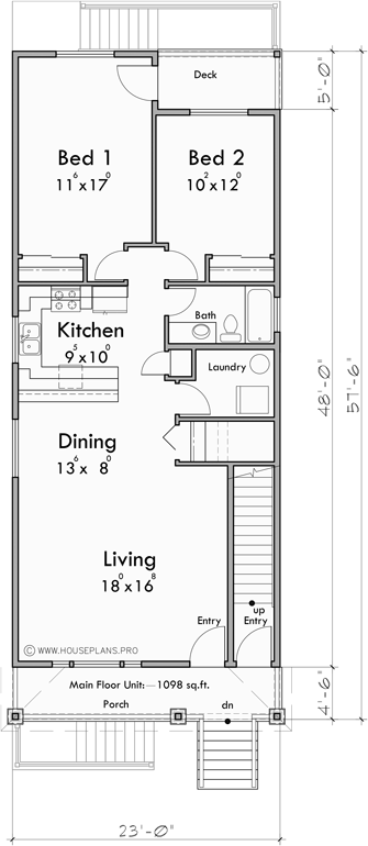 Main Floor Plan for T-448 Stacked triplex 2 bedroom condo 6 bedrooms T-448