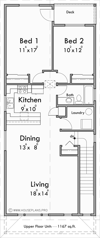 Upper Floor Plan for T-448 Stacked triplex 2 bedroom condo 6 bedrooms T-448