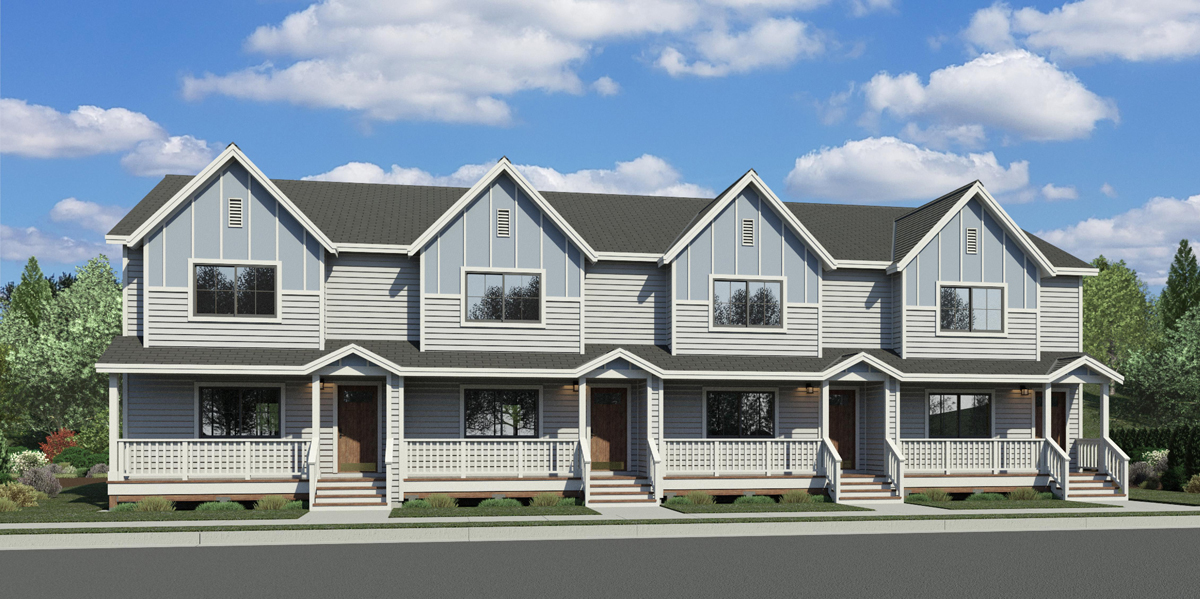 House front color elevation view for F-664 20 ft wide town house plan two master bedrooms F-664