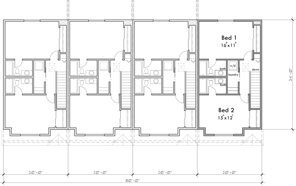 Upper Floor Plan 2 for 20 ft wide town house plan two master bedrooms F-664