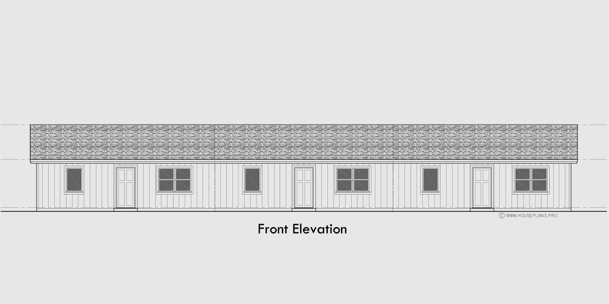 House front drawing elevation view for T-450 2 Bedroom, 1.5 bath, ranch, triplex 