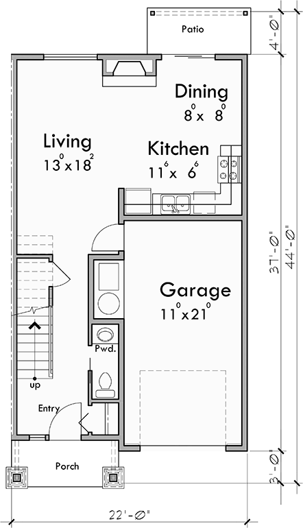 Main Floor Plan for T-454 Triplex town house plan 3 bedroom 2 & half bath and garage T-454