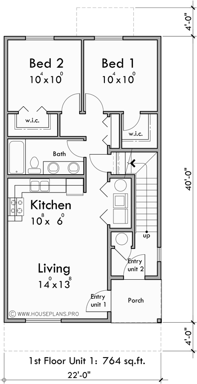 Lower Floor Plan for F-672 Stacked Four Plex House Plan 