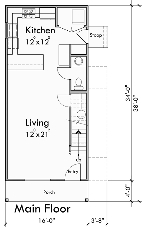 Main Floor Plan for 10218 Narrow house plan with roof deck