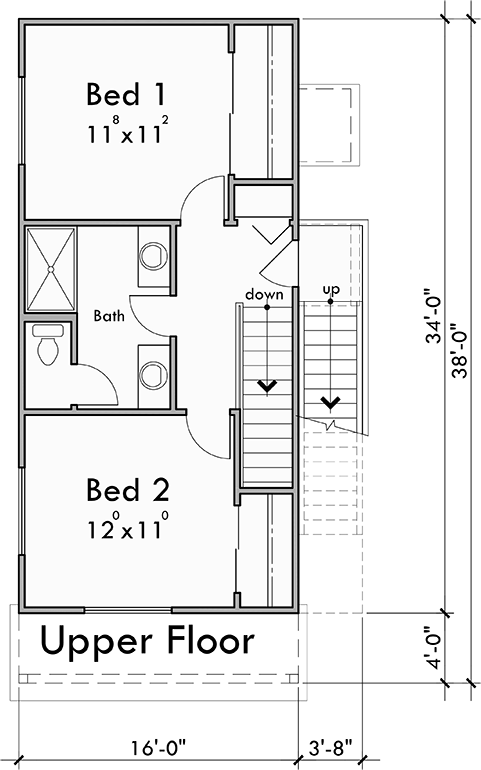 Upper Floor Plan for 10218 Narrow house plan with roof deck