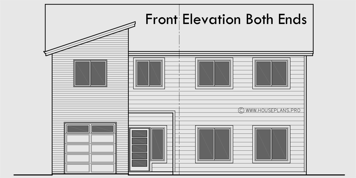 House front drawing elevation view for D-716 Duplex house plan two street faces D-716