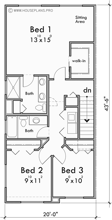 Upper Floor Plan 2 for Duplex house plan two street faces D-716