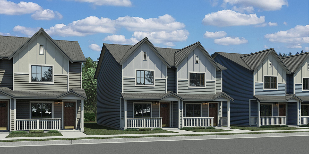 House front color elevation view for D-758 Narrow Town House Plan Double Master D-758