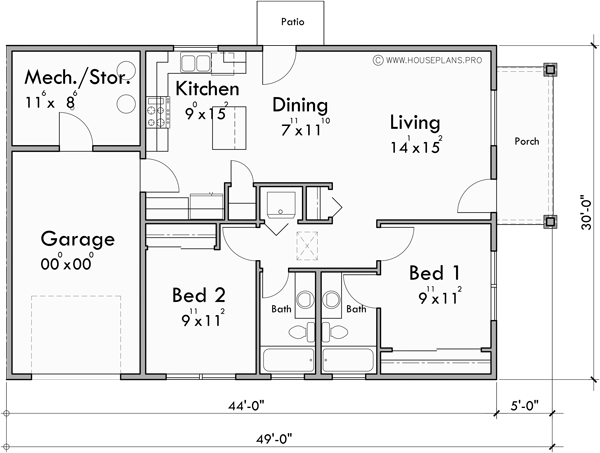 Main Floor Plan for D-757 Back to Back Duplex house plan Alley Way D-757