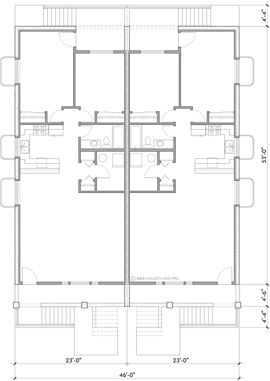 Lower Floor Plan 2 for Three stacked units side by side for six total S-765