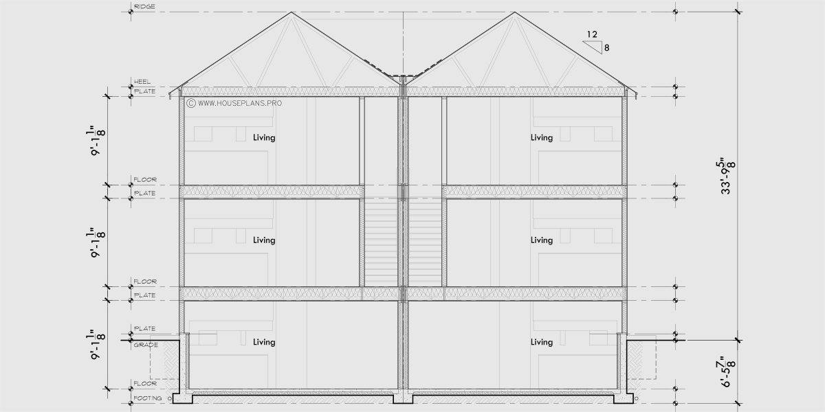 House rear elevation view for S-765 Three stacked units side by side for six total S-765
