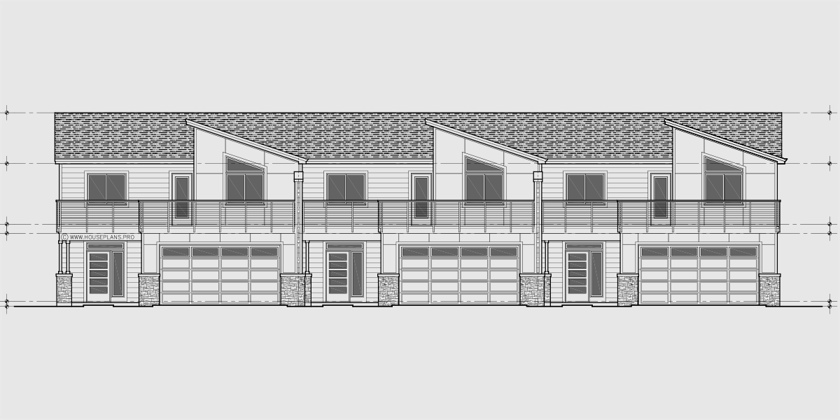 House side elevation view for T-460 Triplex House Plan, Master Bedroom on Main Floor, Two Car Garage, T-460