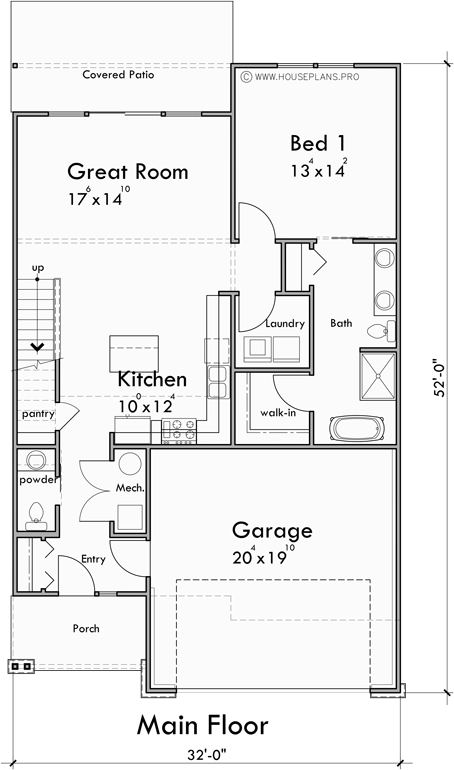 Main Floor Plan for T-460 Triplex House Plan, Master Bedroom on Main Floor, Two Car Garage, T-460