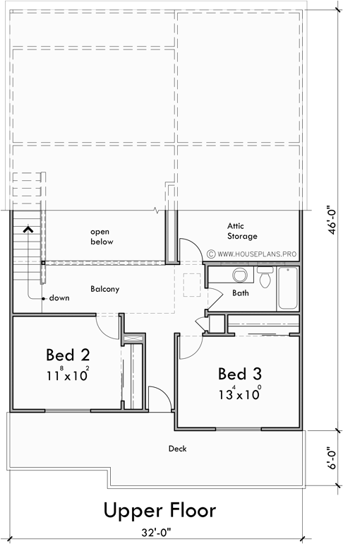 Upper Floor Plan for T-460 Triplex House Plan, Master Bedroom on Main Floor, Two Car Garage, T-460