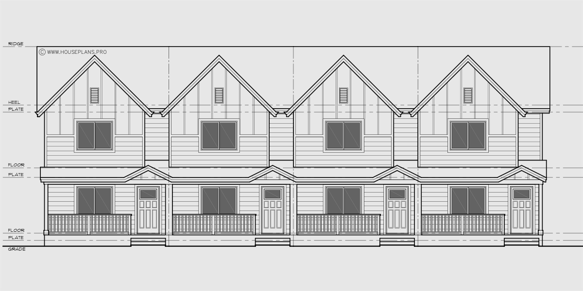 House front drawing elevation view for F-671 Quad plex town house plan F-671
