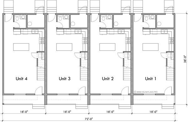 Main Floor Plan 2 for F-671 Quad plex town house plan F-671