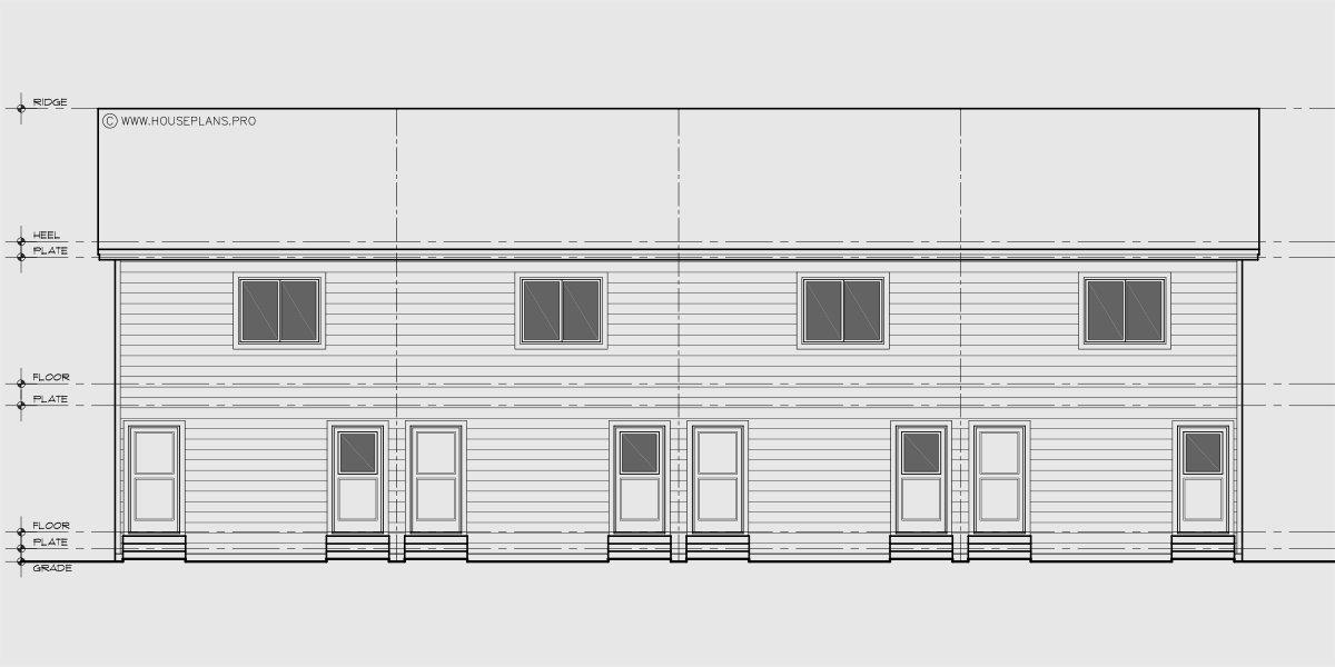House side elevation view for F-671 Quad plex town house plan F-671