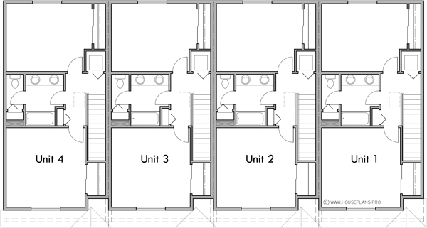 Upper Floor Plan 2 for Quad plex town house plan F-671