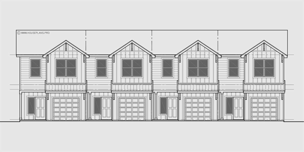 House rear elevation view for F-670 Quad plex town house plan F-670