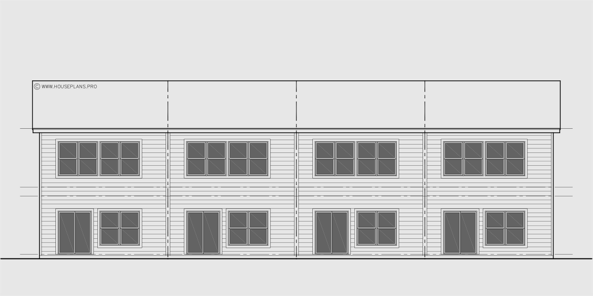 House rear elevation view for F-670 Quad plex town house plan F-670