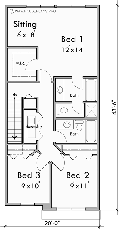 Upper Floor Plan for F-670 Quad plex town house plan F-670