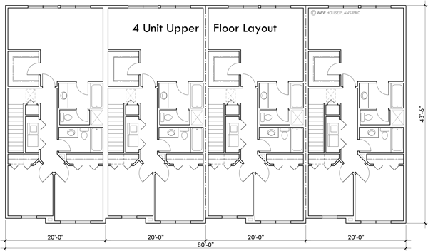 Upper Floor Plan 2 for Quad plex town house plan F-670