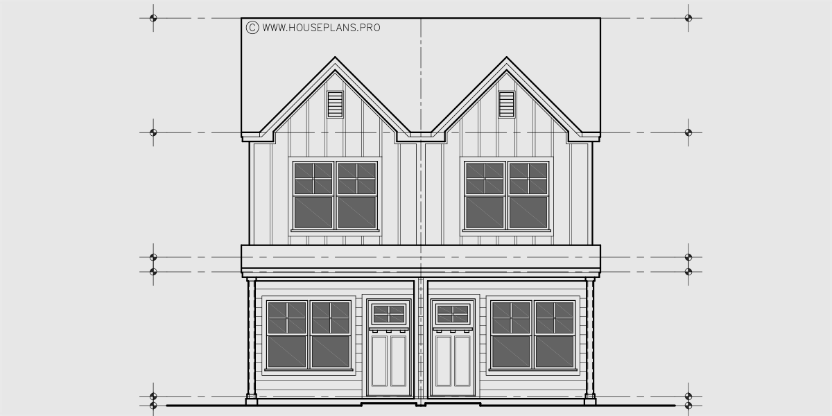 House side elevation view for D-765 12ft-6in wide NARROW town house plan 3 bedroom D-765