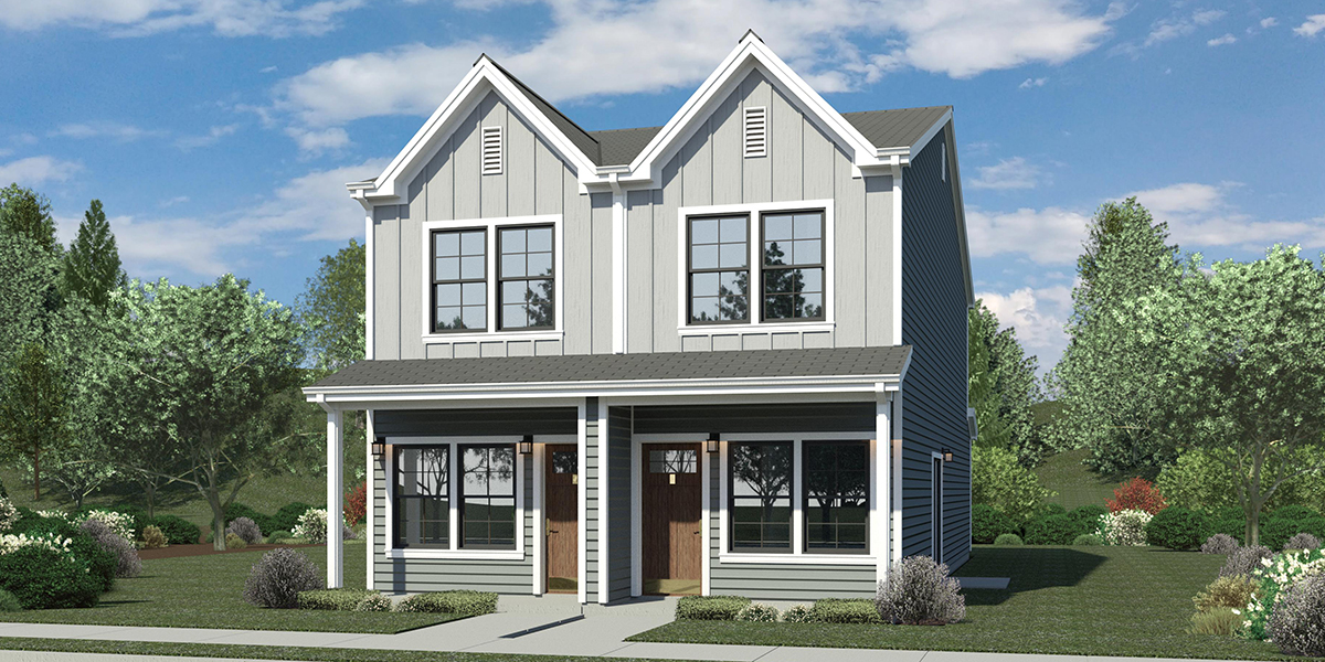 House front drawing elevation view for D-765 12ft-6in wide NARROW town house plan 3 bedroom D-765