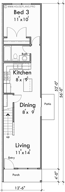 Main Floor Plan for D-765 12ft-6in wide NARROW town house plan 3 bedroom 1208 Sq. Ft.