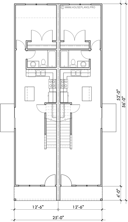 Main Floor Plan 2 for D-765 12ft-6in wide NARROW town house plan 3 bedroom 1208 Sq. Ft.