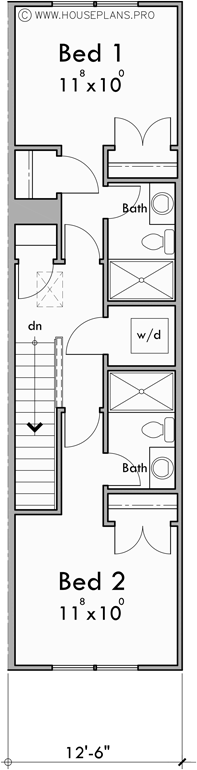 Upper Floor Plan for D-765 12ft-6in wide NARROW town house plan 3 bedroom 1208 Sq. Ft.