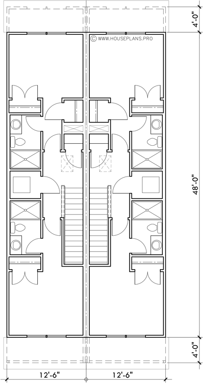 Upper Floor Plan 2 for 12ft-6in wide NARROW town house plan 3 bedroom 1208 Sq. Ft.